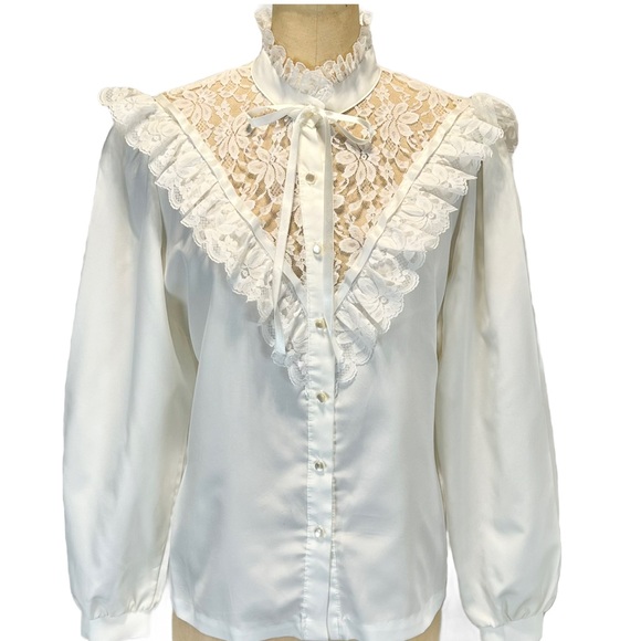 VINTAGE lace ruffle fancy blouse button down Victorian high neck ribbon bow 80s - Picture 3 of 14